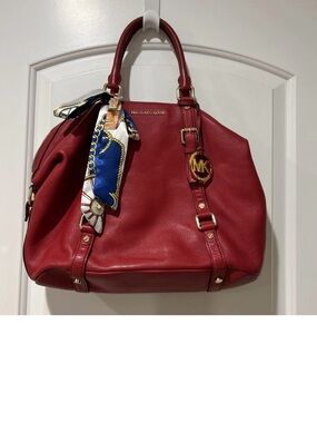 Large Michael Kors Red Leather Satchel with Signature Logo Charm